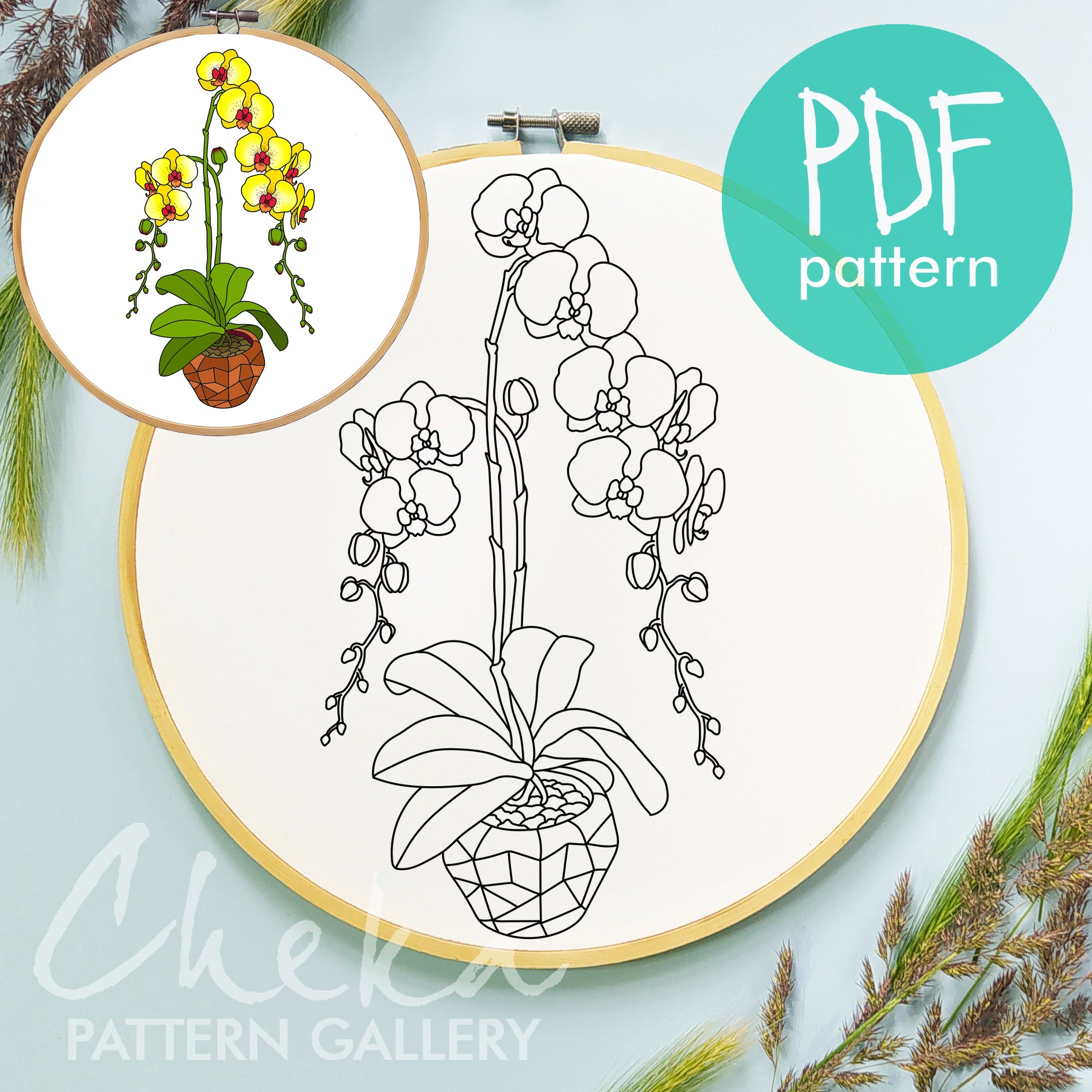 Orchid pattern for hand embroidery, branch of big yellow Orchid, beautiful flower embroidery pattern, Orchid lover gift, Modern hoop art PDF