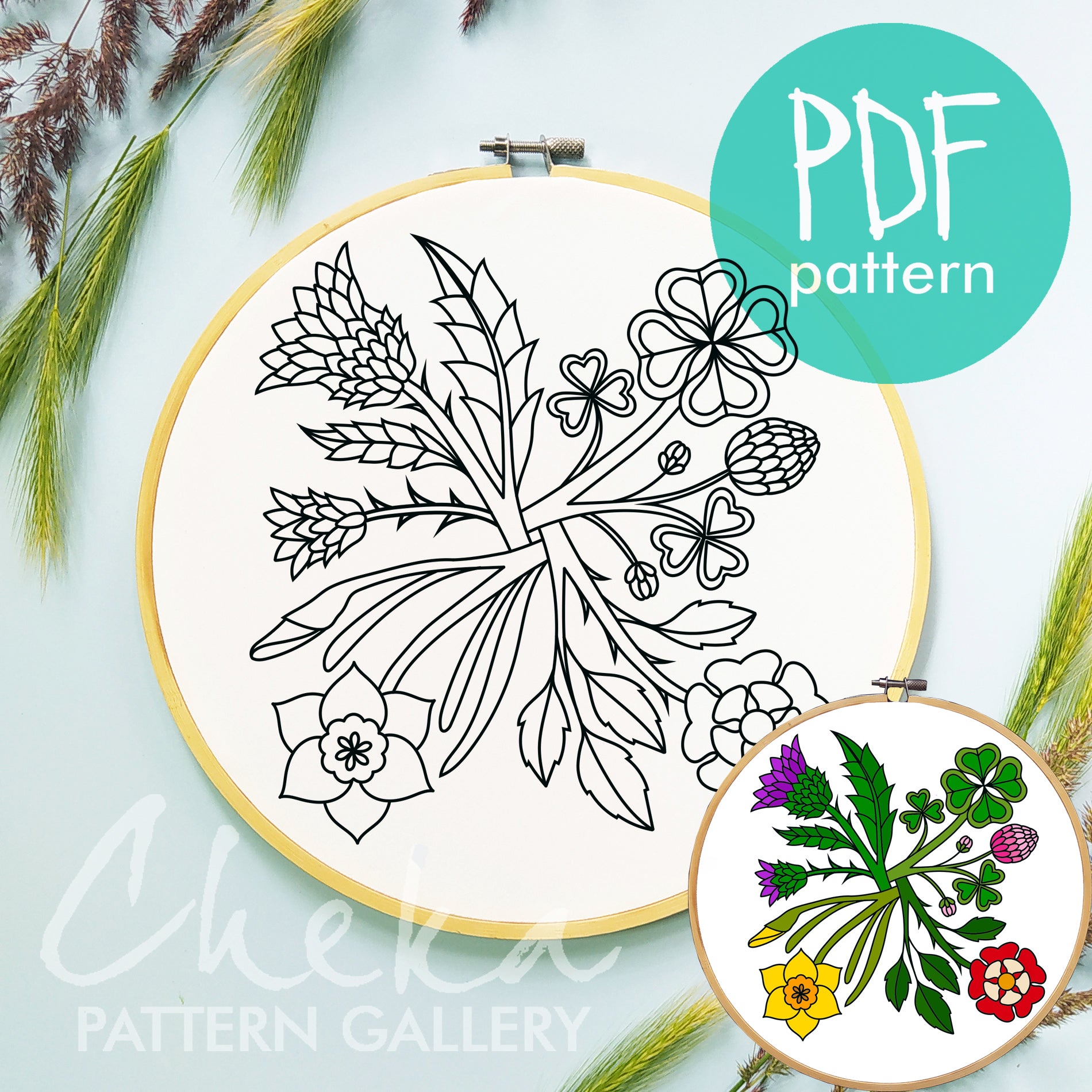 Symbols of England: the rose, daffodil, clover, thistle. United Kingdom Symbols. Hand embroidery pattern PDF. Hoop Art