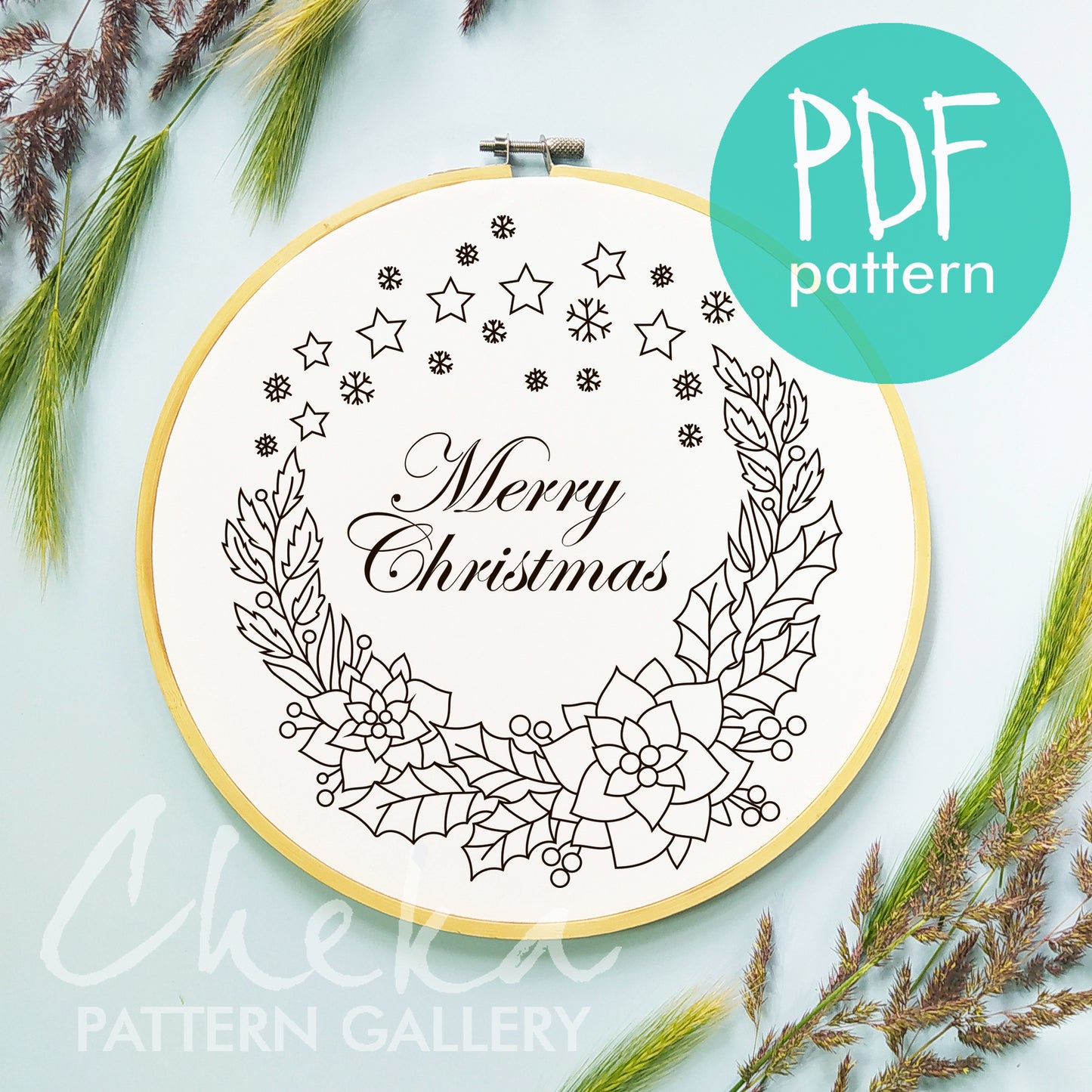 Merry Christmas Hand Embroidery Pattern with Poinsettia, Christmas Flowers. Poinsettia and berries, Christmas Hoop Art, winter embroidery