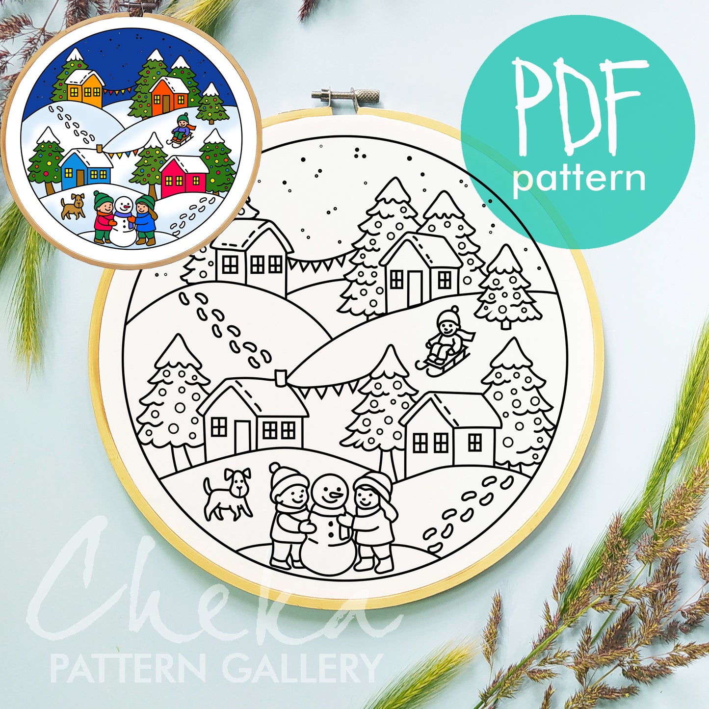 Holiday Village, PDF template, Christmas Embroidery Pattern, Winter village. DIY decor, instant download