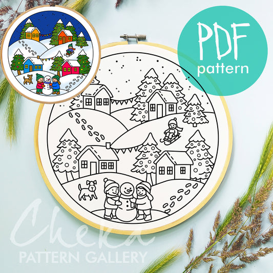 Holiday Village, PDF template, Christmas Embroidery Pattern, Winter village. DIY decor, instant download