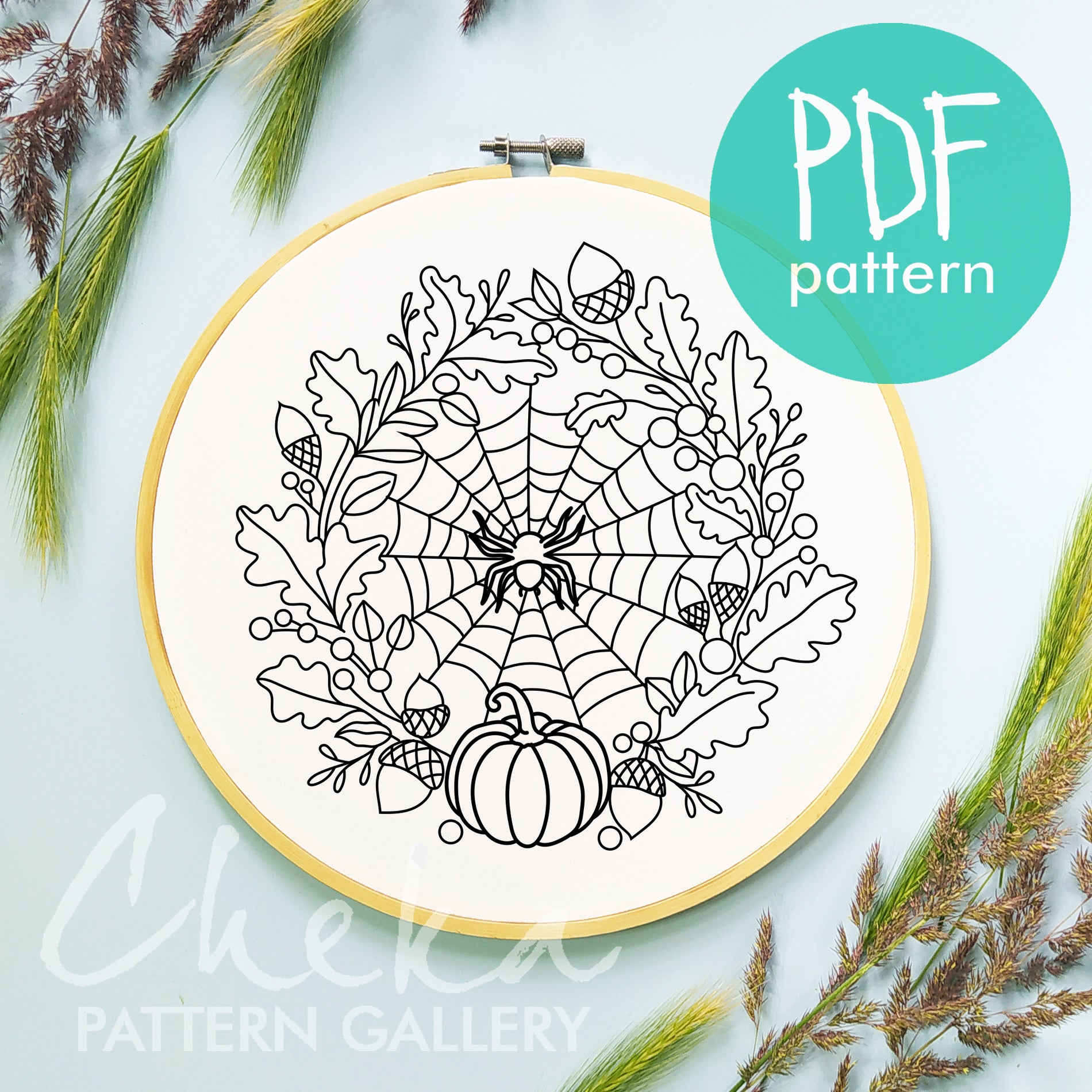 Spiderweb Hand Embroidery Pattern, Autumn Folliage embroidery Pattern, Autumn Crafts, Halloween embroidery pattern pumpkins and spiderweb