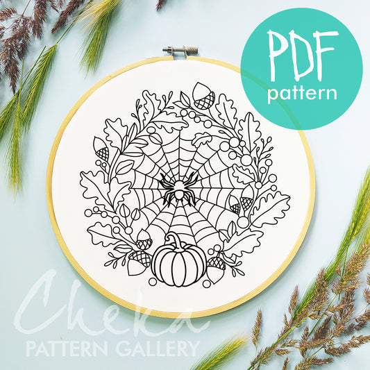 Spiderweb Hand Embroidery Pattern, Autumn Folliage embroidery Pattern, Autumn Crafts, Halloween embroidery pattern pumpkins and spiderweb