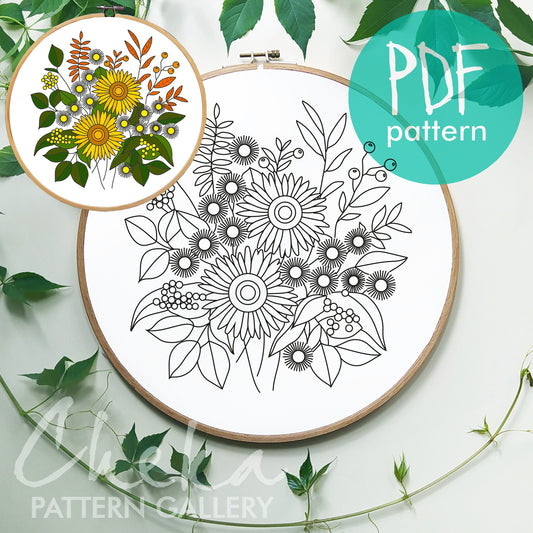 Sunflowers embroidery pattern. PDF Embroidery pattern with Sunflowers and daisies. Beautiful home decor. Floral Hand embroidery pattern PDF