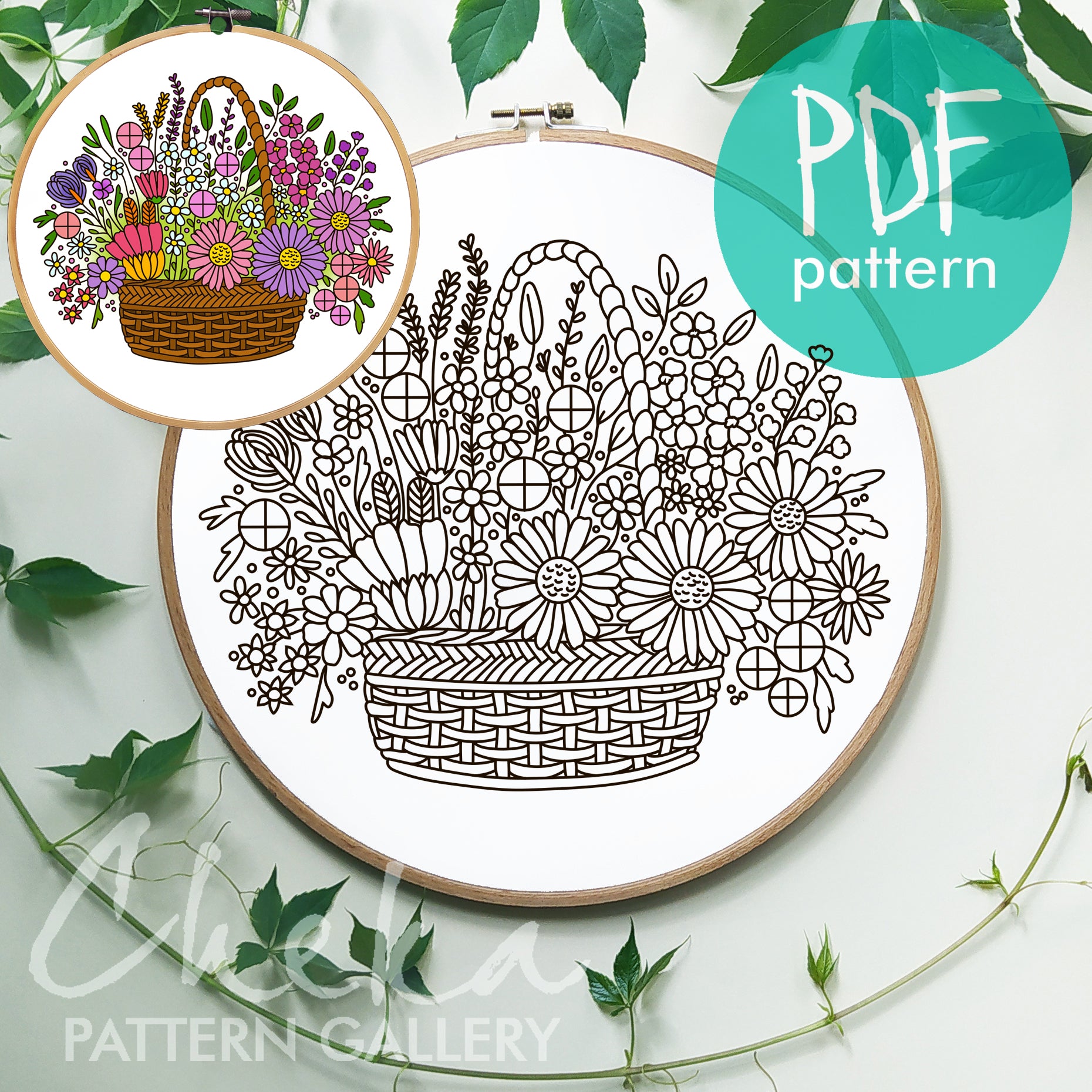 Flower Basket Hand Embroidery Pattern, Floral Basket, Summer Wildflowers, Basket of Blossoms, Embroidery Pattern PDF, Beginner Embroidery,