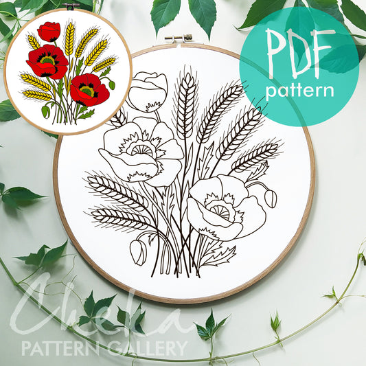 Red poppies and Wheat embroidery pattern. Beautiful hand embroidery pattern with summer flowers. Red poppy embroidery pattern, wheat design