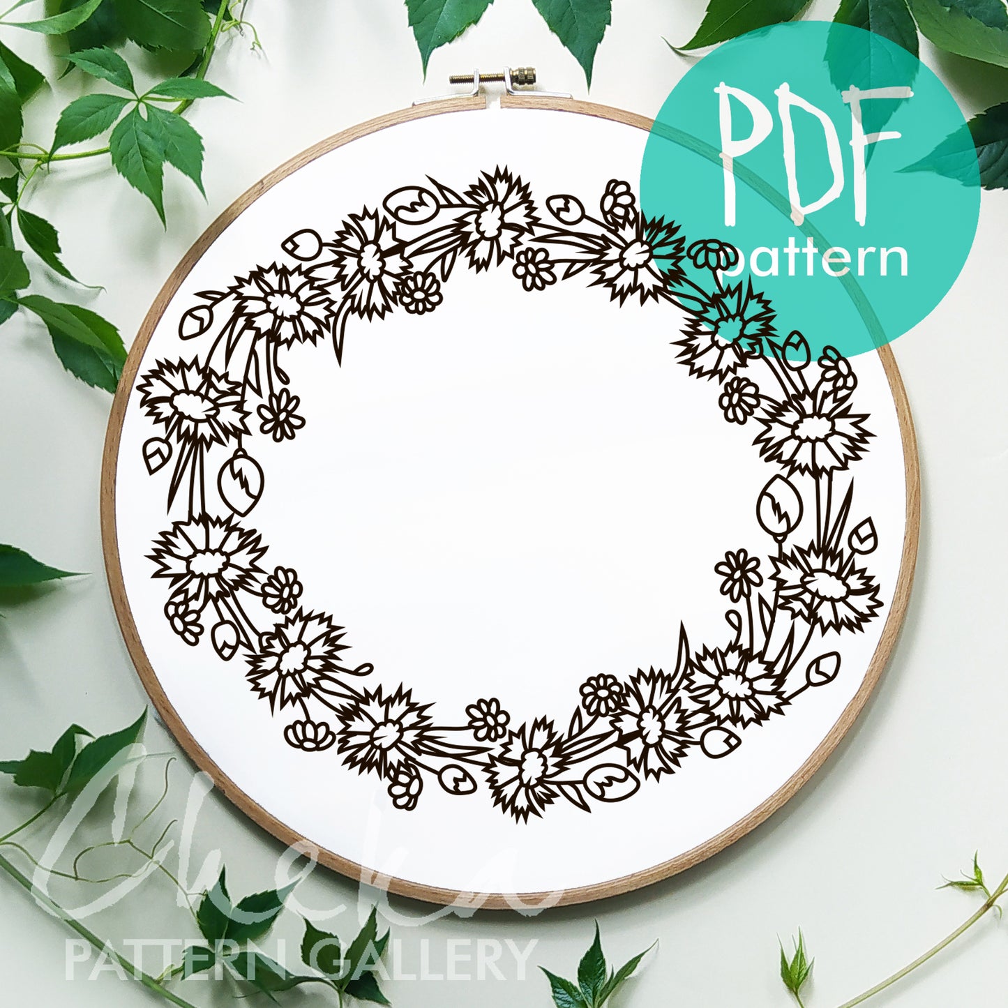 Wreath with cornflowers. Field cornflower, pattern for hand embroidery. Cornflowers and daisies, digital embroidery pattern. Floral embroidery