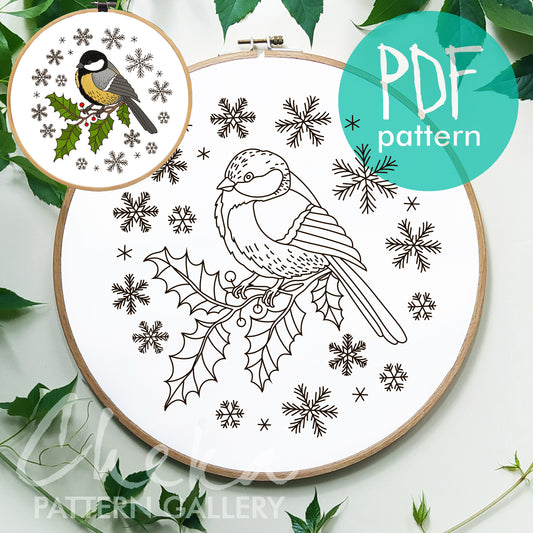 Winter Titmouse Hand Embroidery Pattern, Winter Bird design, DIY Holiday Craft Project, Instant Download PDF, Beginner Friendly Embroidery