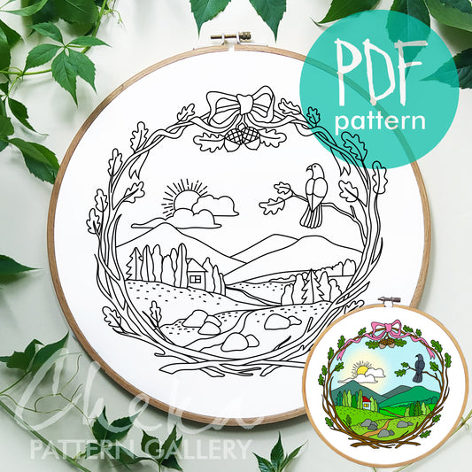 Forest Embroidery Pattern, Landscape template. Embroidery project, Nature Embroidery Pattern PDF, Simple Embroidery, Floral embroidery PDF