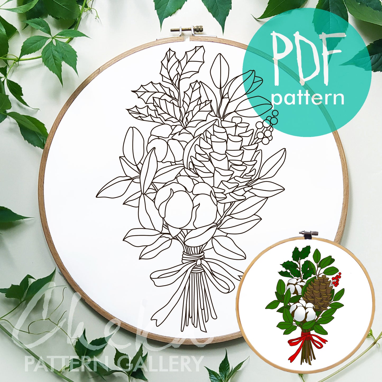 Christmas Bouquet Hand Embroidery Pattern with cones and cotton, Christmas Flowers and Pinecones, Christmas Embroidery Art,winter embroidery