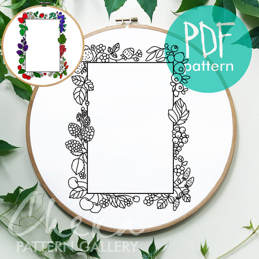 Photo frame, hand embroidery pattern with summer berries, handmade embroidered frame, digital hand embroidery pattern PDF. Nature Embroidery