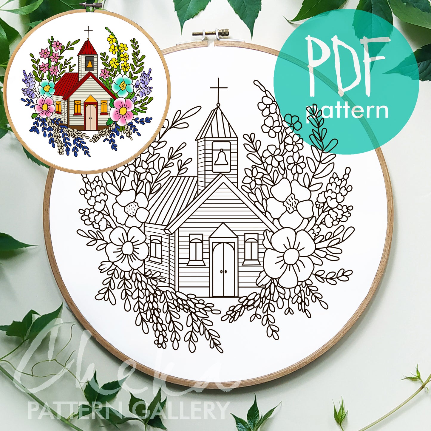 Church PDF template, Floral Embroidery Pattern, Christmas decor, Instant Download, Christian Hand Embroidery, Catholic embroidery craft