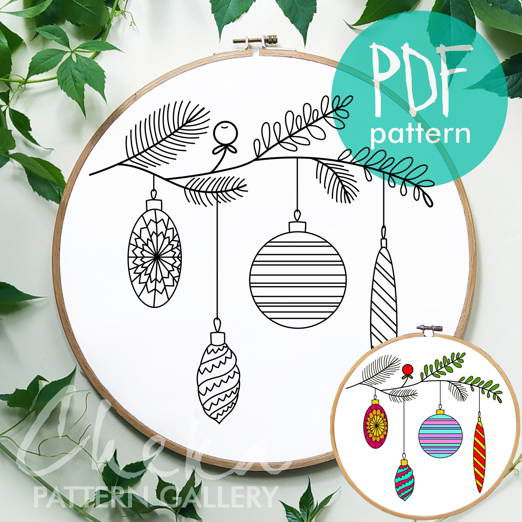 Christmas tree decoration,  festive balls. Christmas hand embroidery pattern, winter embroidery ornament PDF, Christmas home decor