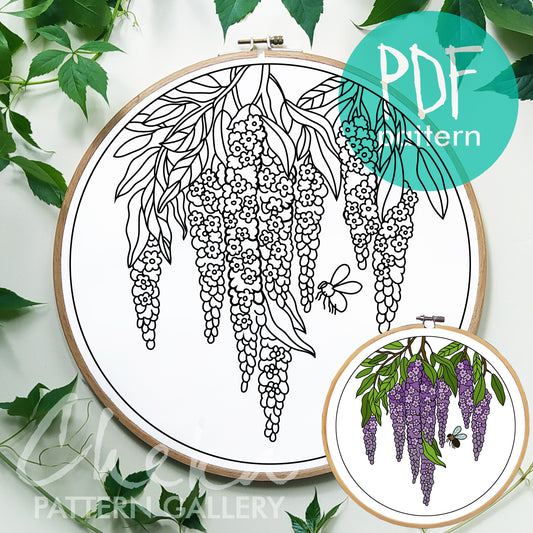 Wisteria, hand embroidery pattern. French knot embroidery pattern, Cottagecore Embroidery Pattern, Floral Embroidery Pattern PDF, summer