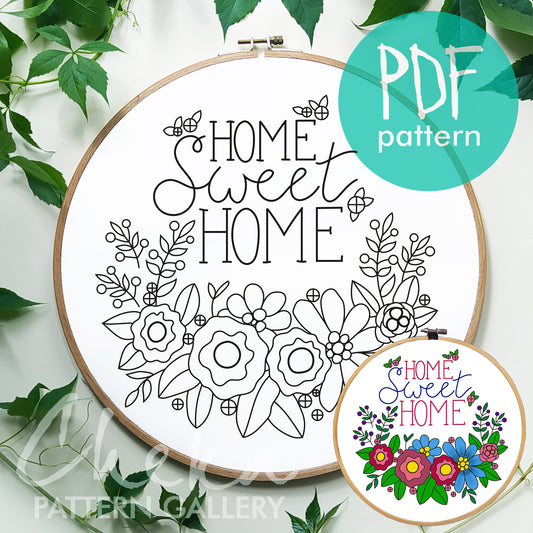 Home sween home, digital embroidery pattern, DIY embroidery project. Pattern for hand embroidery PDF, Simple floral embroidery pattern PDF