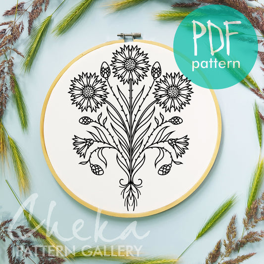 Blue Cornflower, embroidery pattern. Decorative embroidery cornflower pattern. A pattern for decoration in a rural style, hand embroidery.