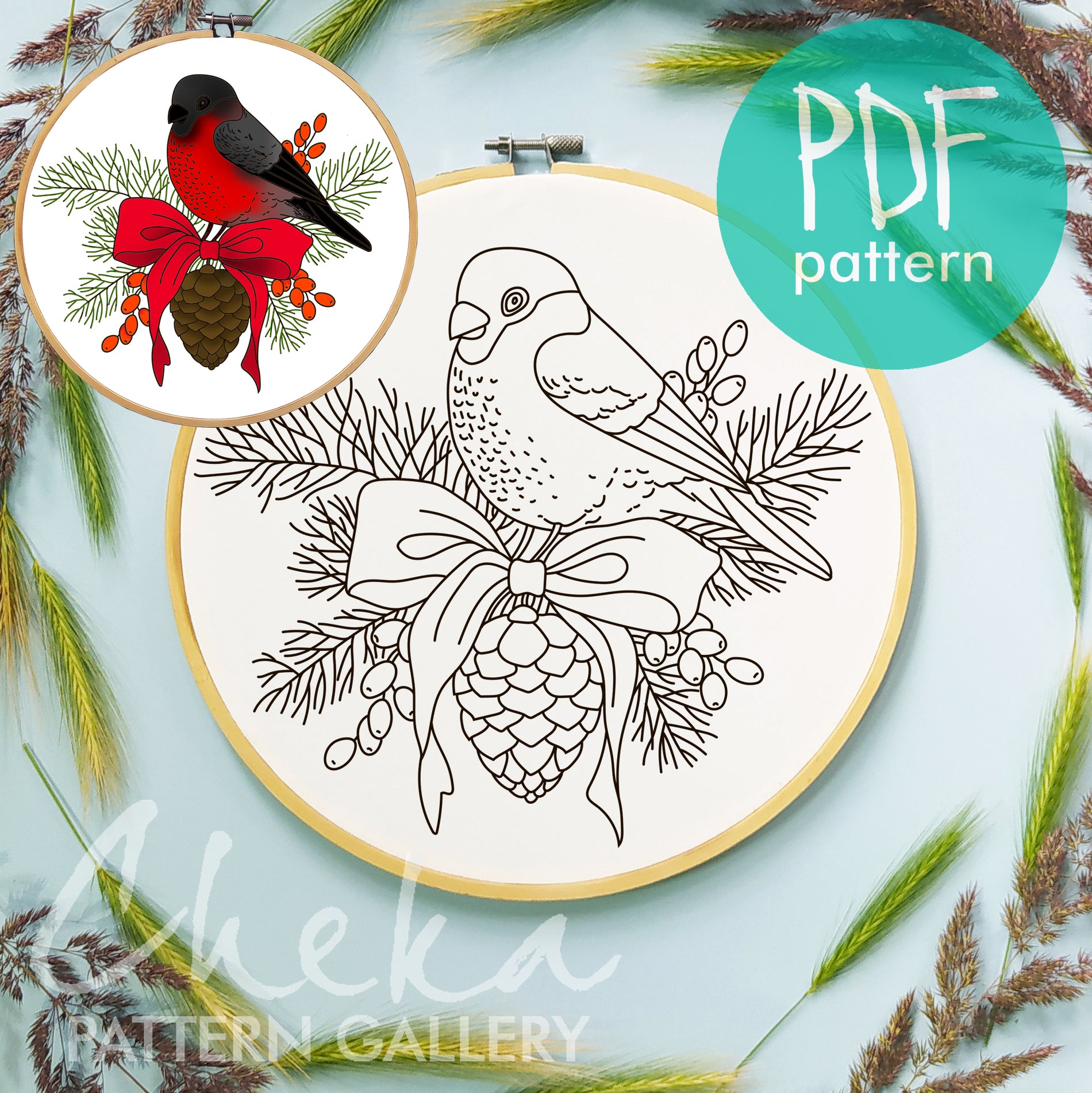 Bullfinch christmas ornament, Hand embroidery pattern PDF. Pictorial winter embroidery. Red bird tapestry, Beginner Friendly Embroidery