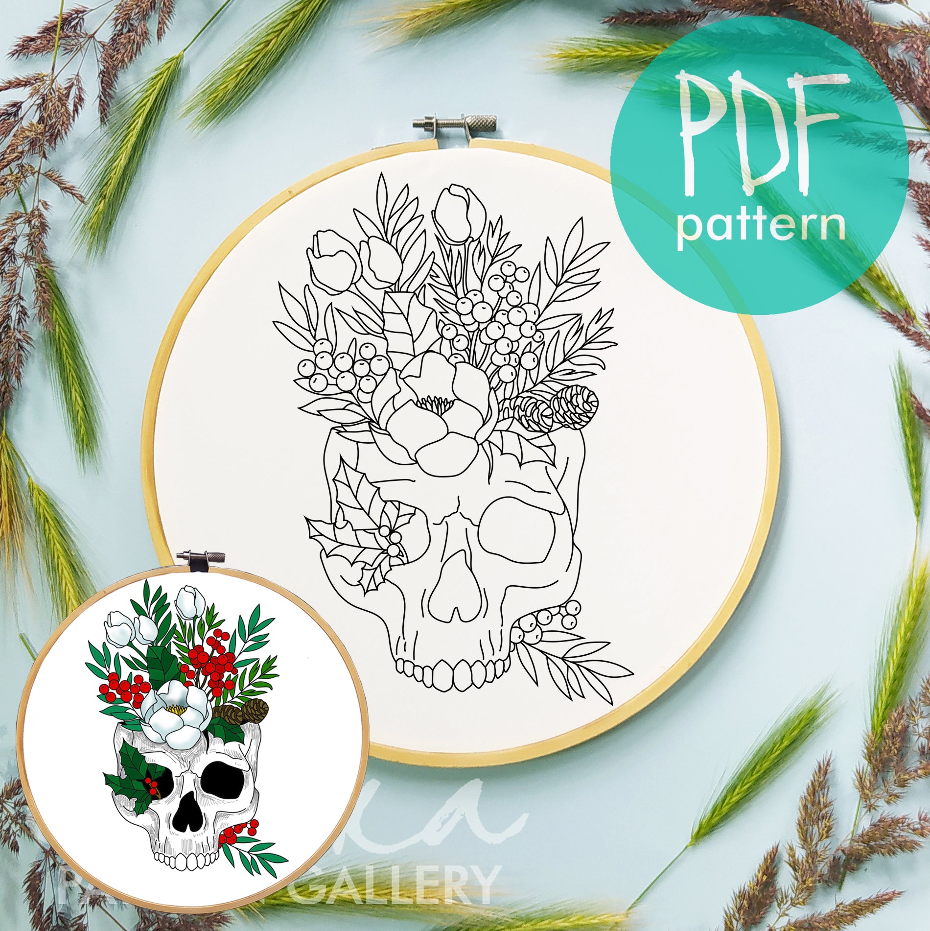 Merry Christmas Skull, digital hand embroidery pattern. Bouquet of holiday flowers. Embroidery scheme with skull, winter hoop art project