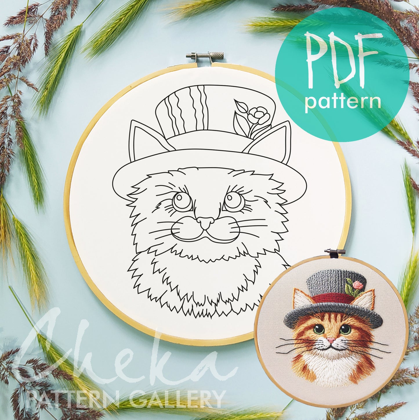 Cat in hat, hand embroidery pattern. Cute cat with big eyes, Cat love pattern, pet embroidery. Cat portrait, pet lover embroidery pattern