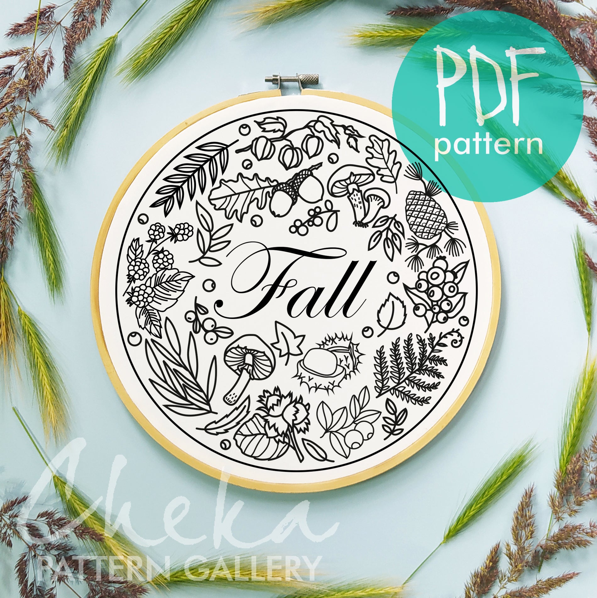 Autumn botanical embroidery, floral pattern for hand embroidery. An embroidery calendar. Autumn embroidery pattern. Simple embroidery pattern