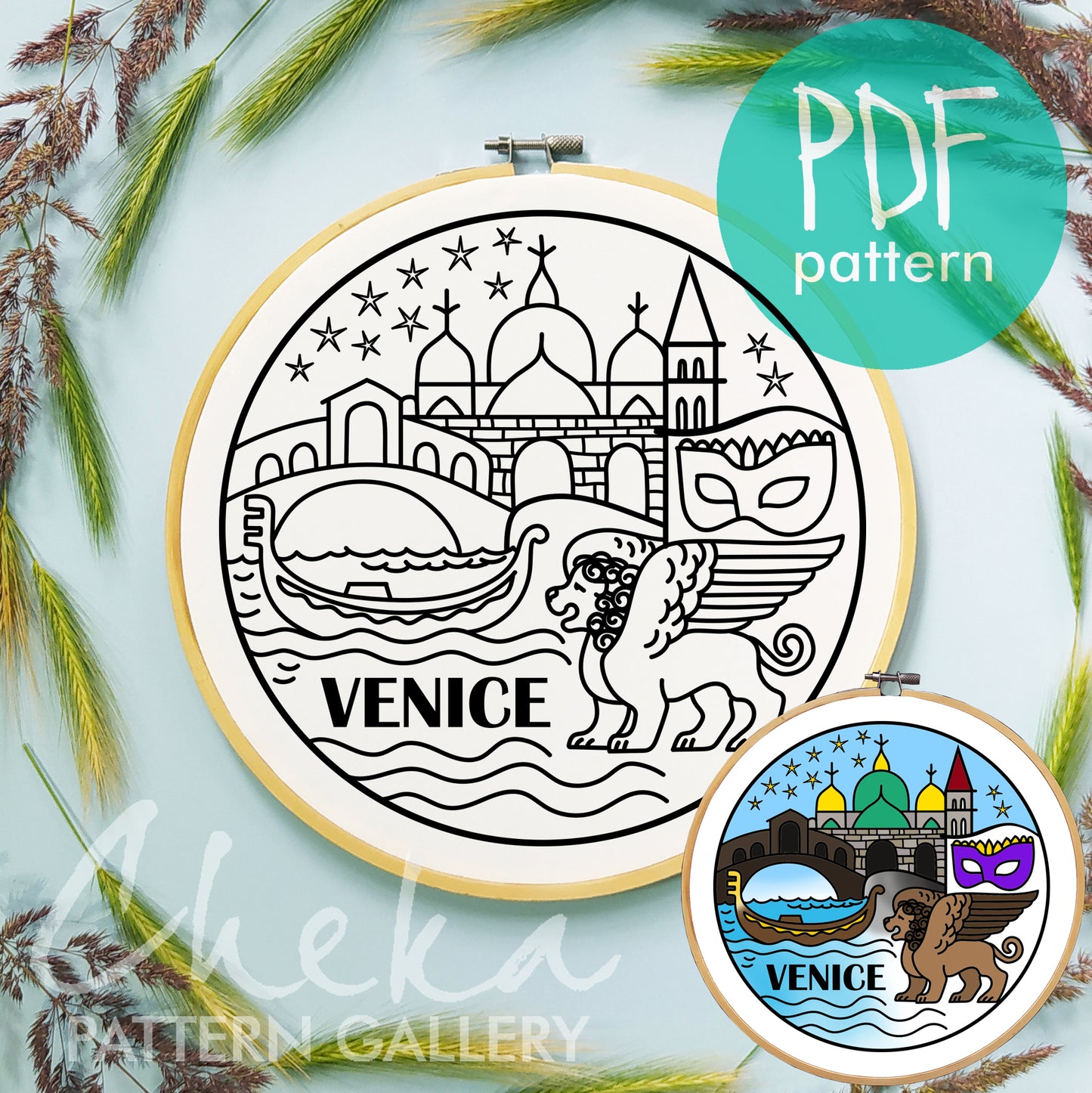 Venice, symbols of the city. Italian embroidery, Hand embroidery pattern PDF. Modern hoop art