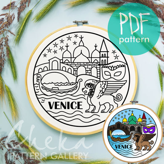 Venice, symbols of the city. Italian embroidery, Hand embroidery pattern PDF. Modern hoop art