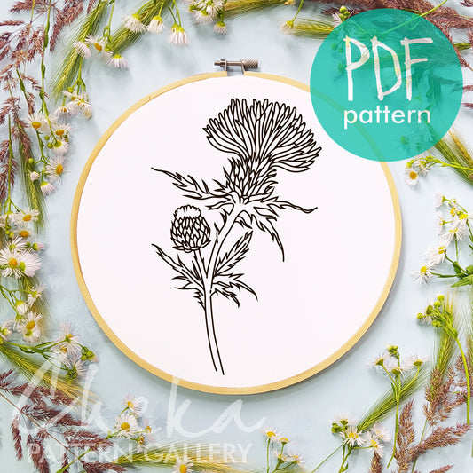 Thistle, a pattern for hand embroidery. Thistle flower with bud, botanical embroidery.  Modern Hoop Art, Thistle, Traditional Scottish Crest