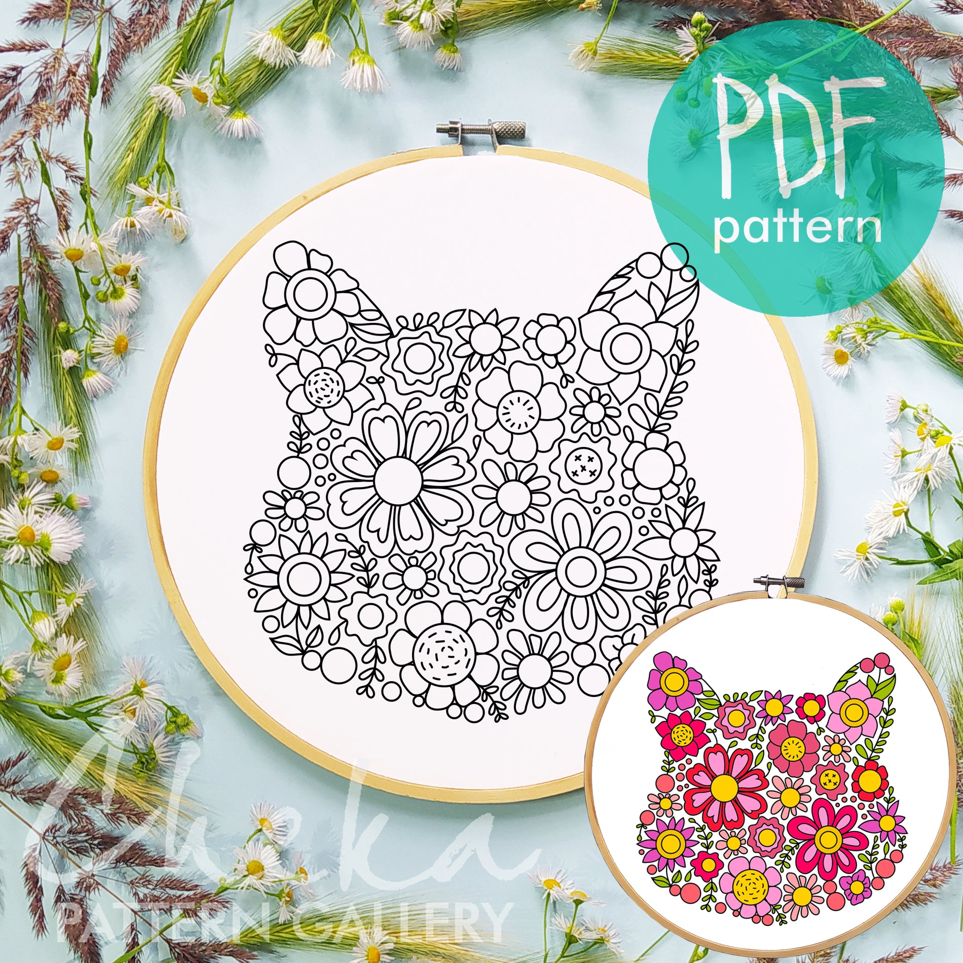 Cat floral embroidery pattern, Cat flower portrait, Embroidery blueprint, Modern Cat Embroidery. Cat lover gift, Beginner embroidery PDF