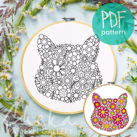 Cat floral embroidery pattern, Cat flower portrait, Embroidery blueprint, Modern Cat Embroidery. Cat lover gift, Beginner embroidery PDF