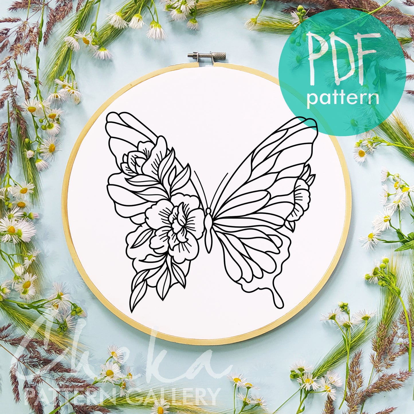 Butterfly embroidery pattern, embroidery pattern on clothes. Butterfly with flowers, hand embroidery pattern. Butterfly Female Embroidery