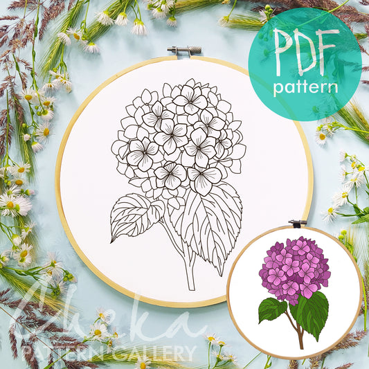 Hydrangea hand embroidery pattern, branch of big pink Hydrangea, Summer flower embroidery pattern, Modern hoop art PDF, Hydrangea pattern