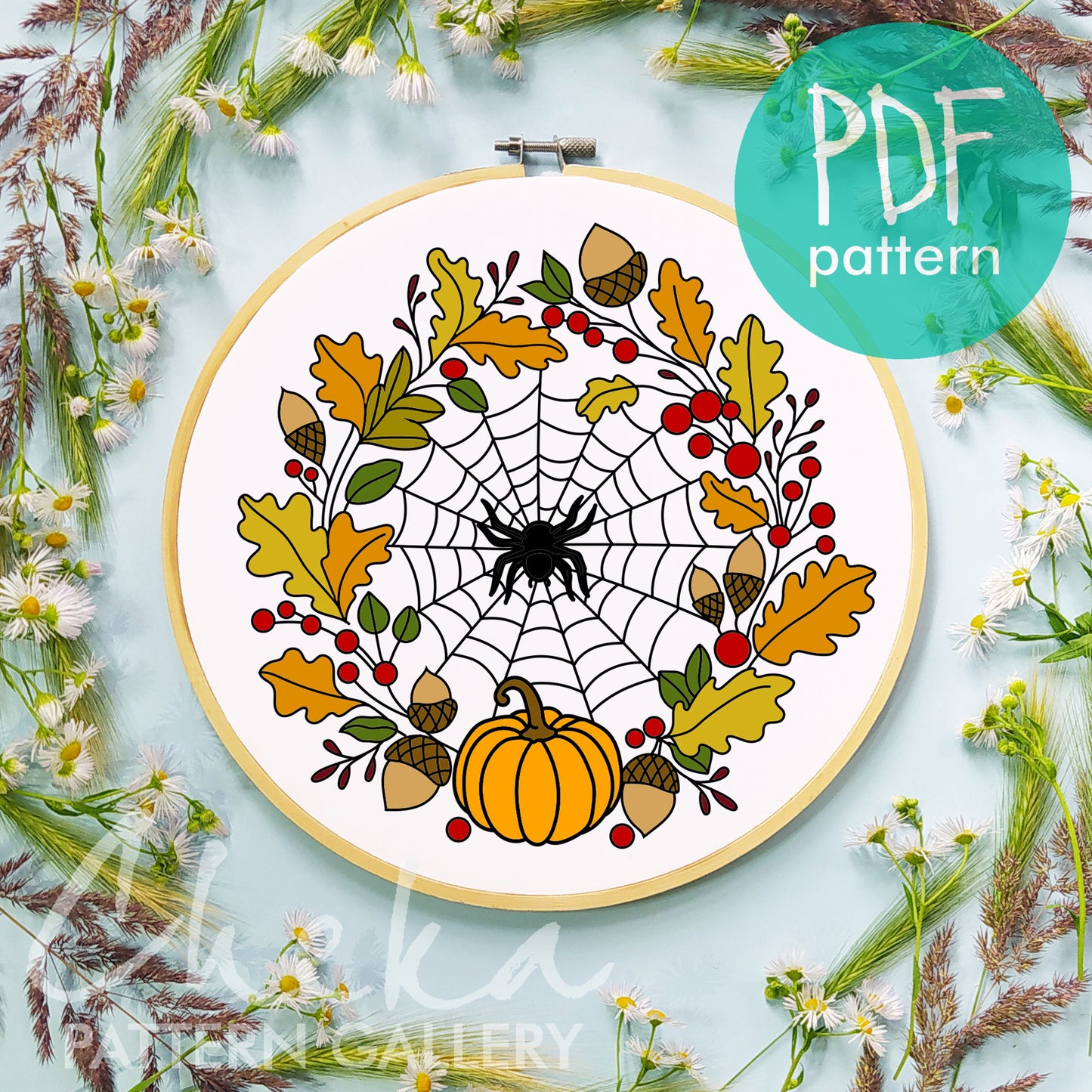 Spiderweb Hand Embroidery Pattern, Autumn Folliage embroidery Pattern, Autumn Crafts, Halloween embroidery pattern pumpkins and spiderweb