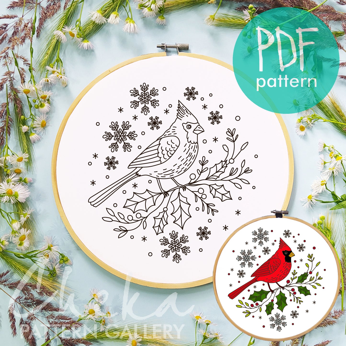 Winter Cardinal Hand Embroidery Pattern, Winter Bird design, DIY Holiday Craft Project, Instant Download PDF, Beginner Friendly Embroidery