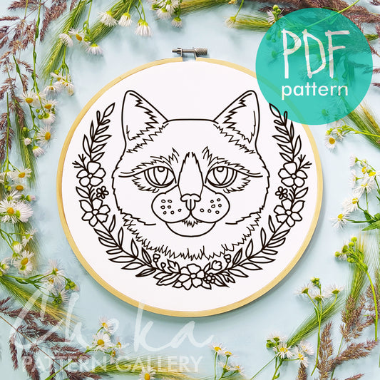 Cat and flowers Embroidery, Cute Cat Embroidery, Cat Lover, Modern Cat Embroidery. Pet Portrait, Cute fluffy cat, hand embroidery pattern