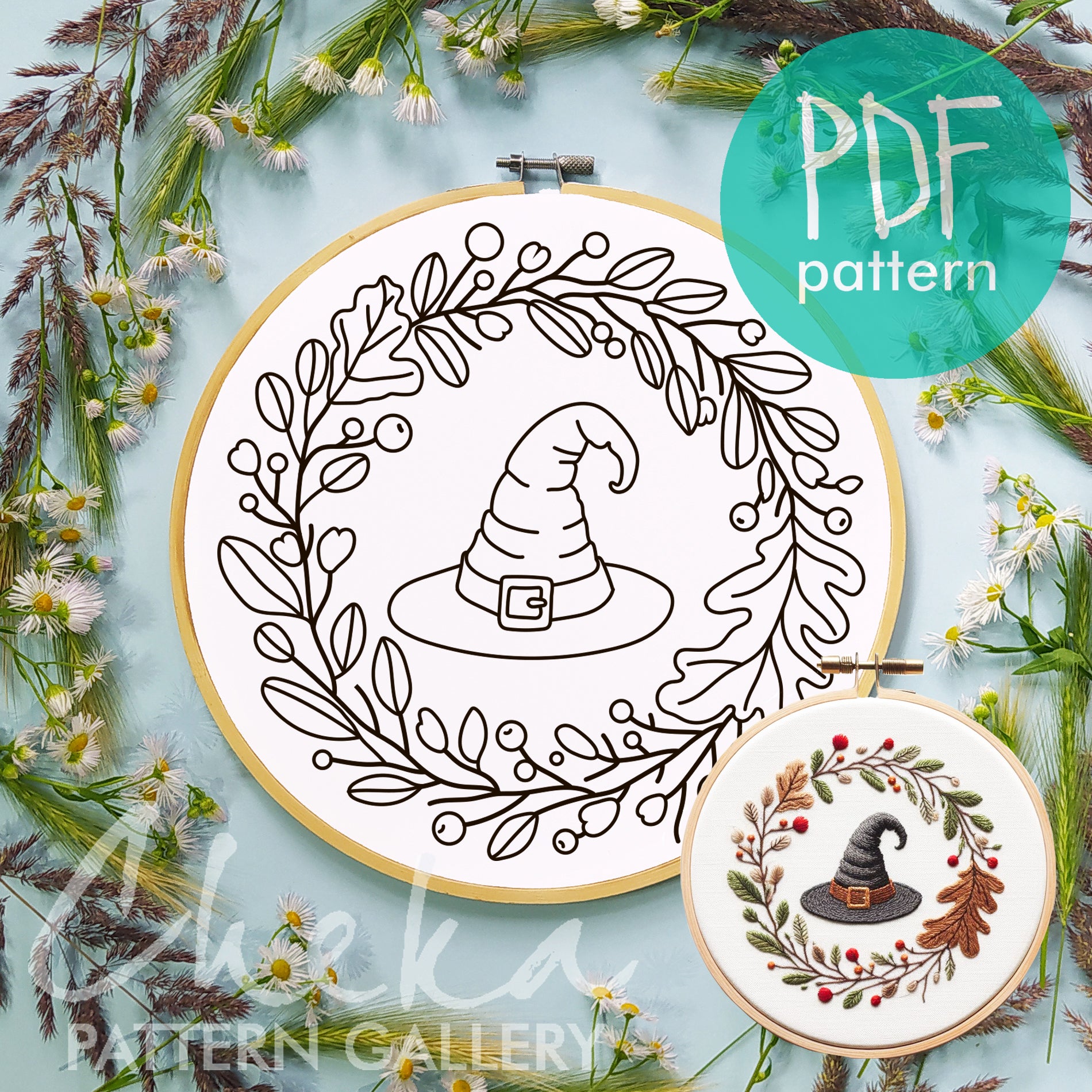 Autumn Embroidery Patterns, Fall Halloween Embroidery Pattern. Witch hat pattern, Halloween embroidery. Fall wreath, hand embroidery pattern