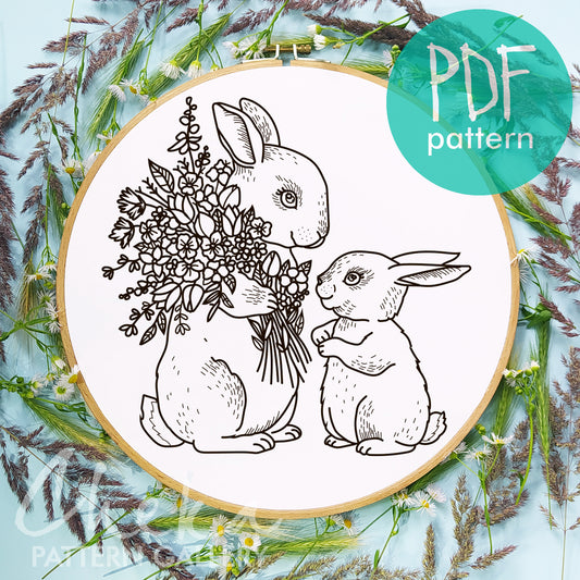 Mother's Day embroidery pattern pdf,two cute rabbits with flowers,Mother's Day gift, hand embroidery pattern for Mother's Day,flower pattern