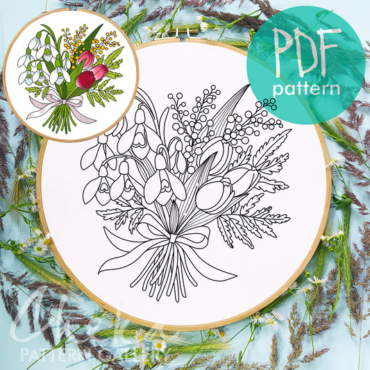 Spring embroidery pattern, Easter flowers. Hand embroidery pattern, Bouquet with tulips, snowdrops and mimosa. Easter embroidery template PDF