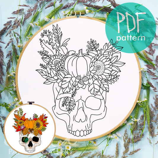 Skull pattern, Autumn jeaves, harvest pattern for hand embroidery, pumpkin embroidery pattern, Embroidery scheme with skull, spooky hoop art