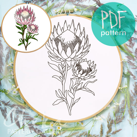 Protea with a bud. Pink protea. A large protea flower, digital hand embroidery pattern. Floral Embroidery Pattern, floral embroidery pattern