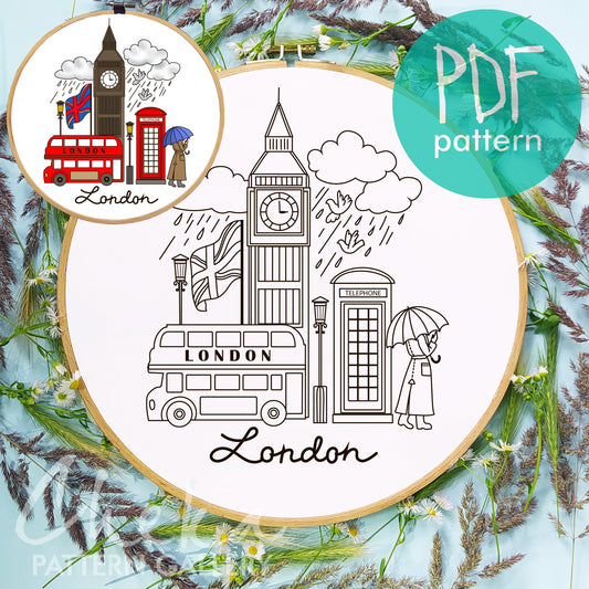 London embroidery pattern, Big Ben template, Hand embroidery pattern PDF. Modern hoop art, English embroidery. Handmade embroidery pattern