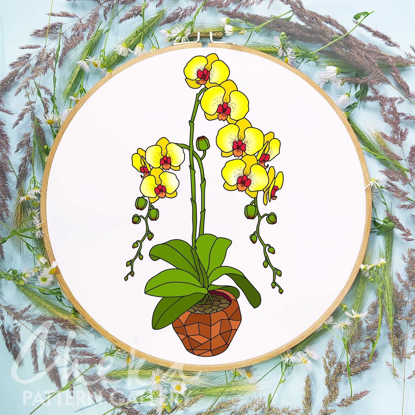 Orchid pattern for hand embroidery, branch of big yellow Orchid, beautiful flower embroidery pattern, Orchid lover gift, Modern hoop art PDF