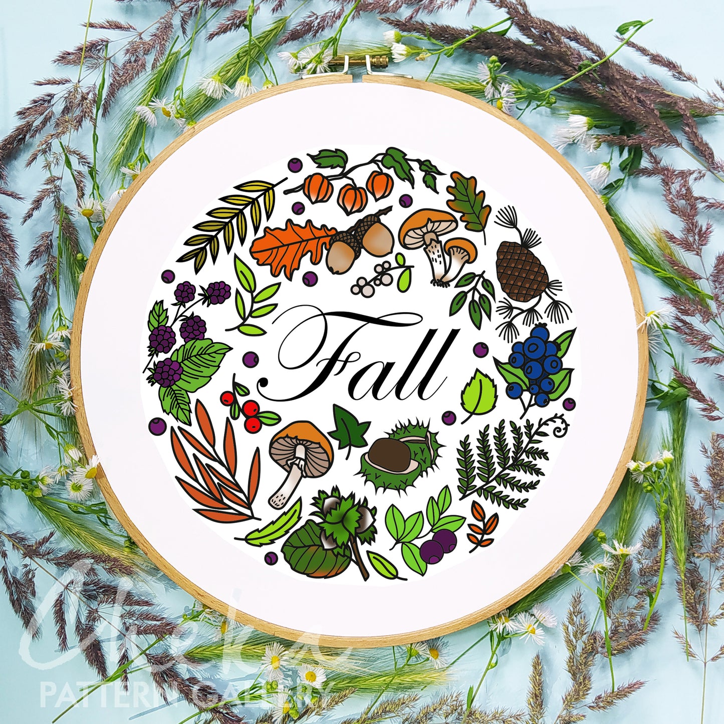 Autumn botanical embroidery, floral pattern for hand embroidery. An embroidery calendar. Autumn embroidery pattern. Simple embroidery pattern