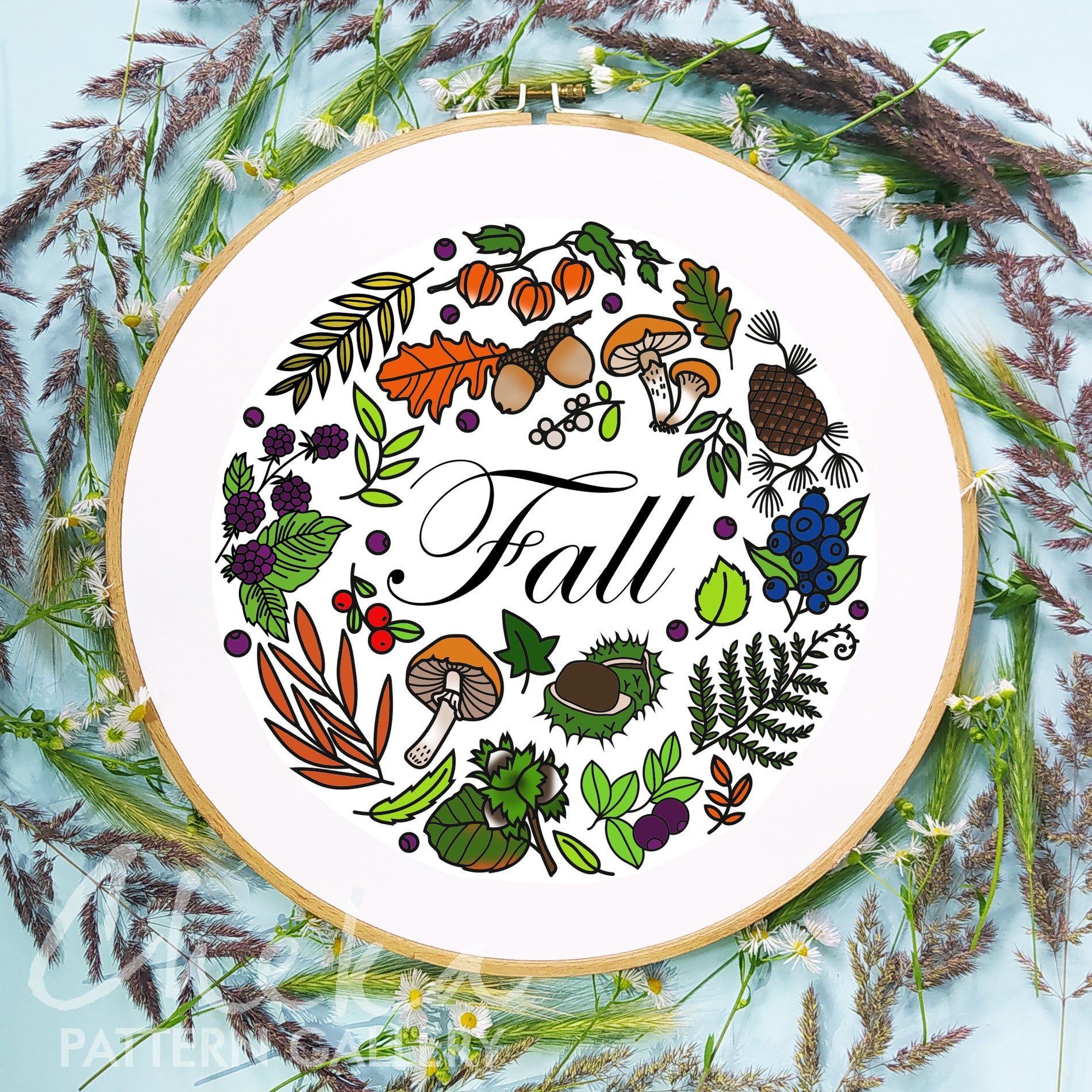 Autumn botanical embroidery, floral pattern for hand embroidery. An embroidery calendar. Autumn embroidery pattern. Simple embroidery pattern