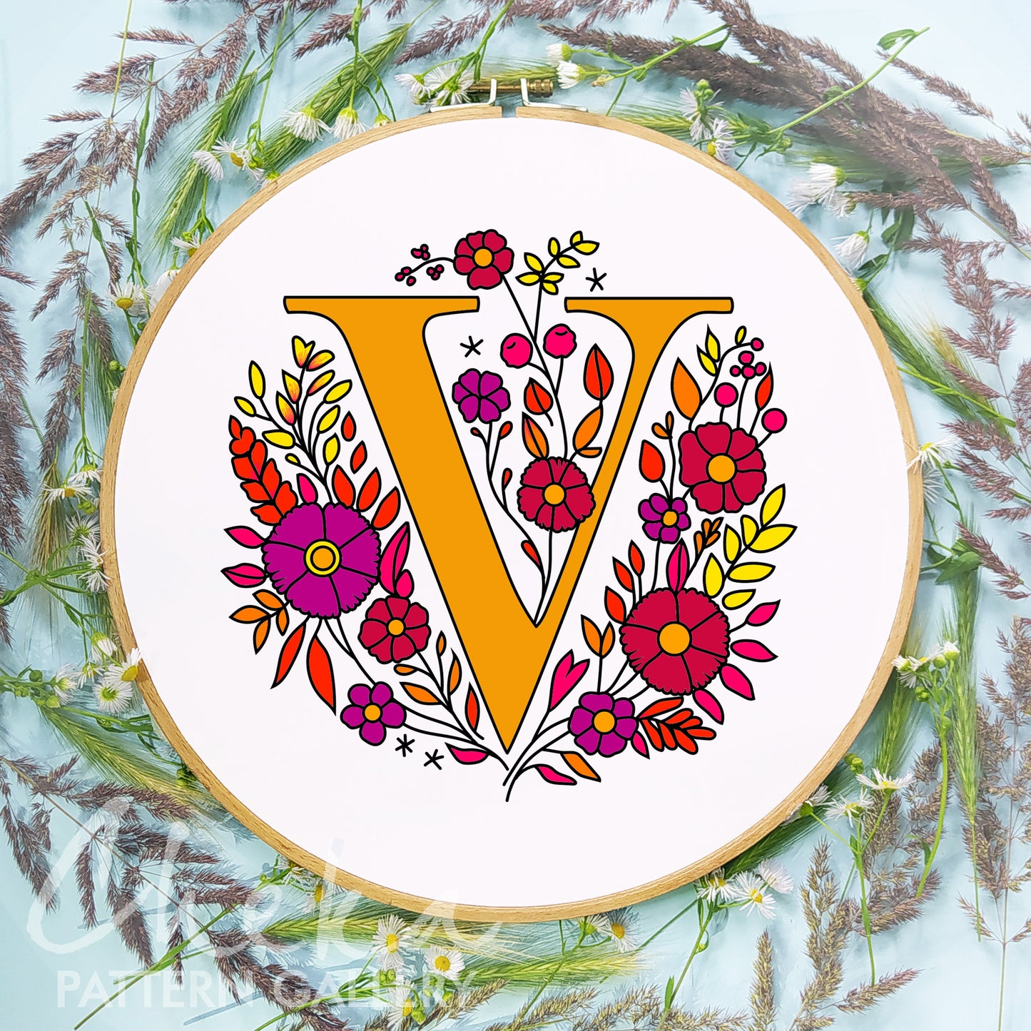 Floral Letter Embroidery Pattern, "V" letter pattern, Instant Digital Download, Letter Hand Embroidery Design with Flowers, Floral Monogram