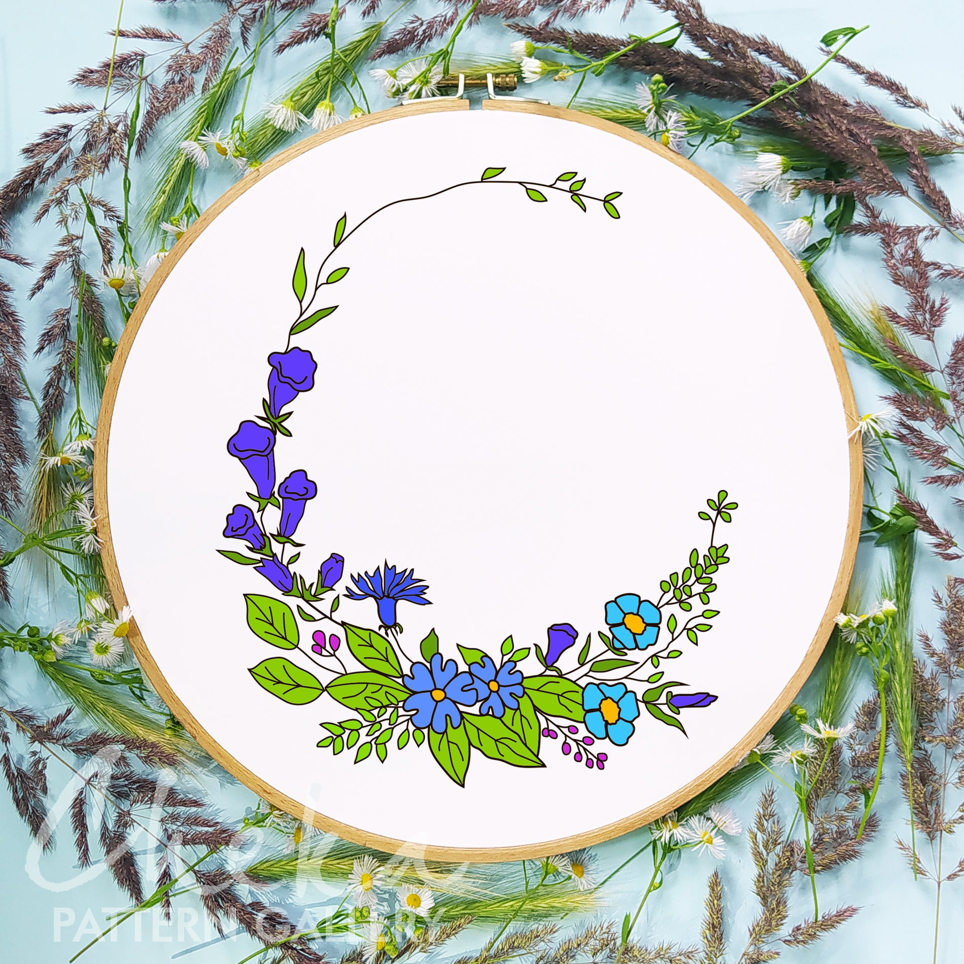 Wildflowers Hand Embroidery Pattern, blue Embroidery, Floral Embroidery Pattern, blue meadow wreath, lavender Wildflowers, modern hoop Art 