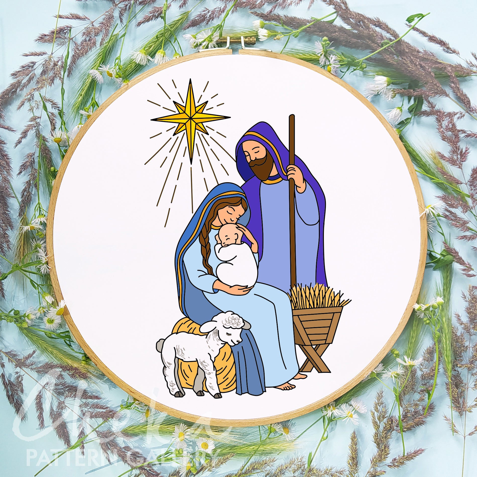 Illustration of the Holy Family with a lamb and star of Bethlehem on a floral background.