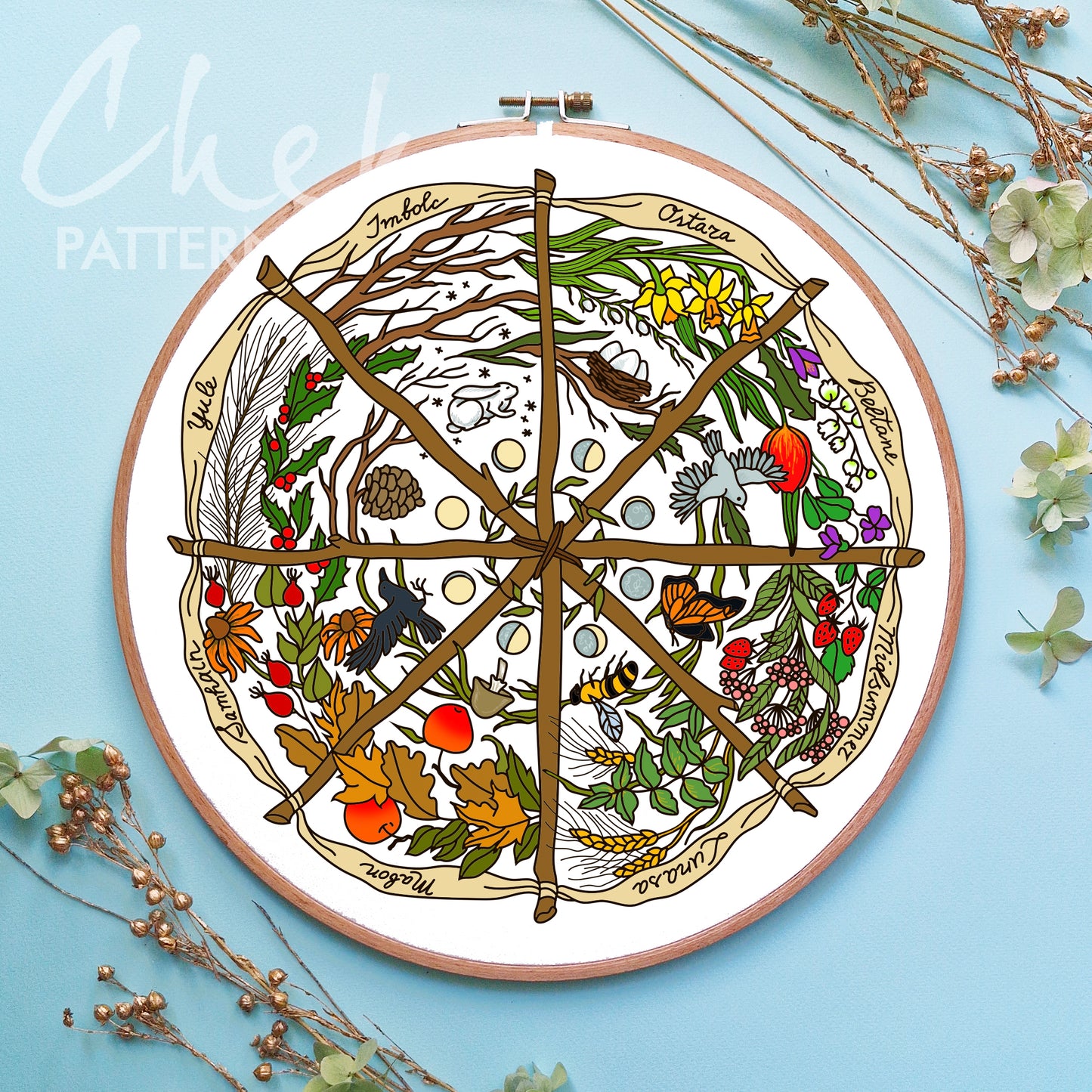 Calendar Embroidery bundle, Phenology Wheel, Set of 4 hand embroidery patterns. PDF Embroidery calendar. Yule, Mabon, Samhain, Ostra, Imbolc