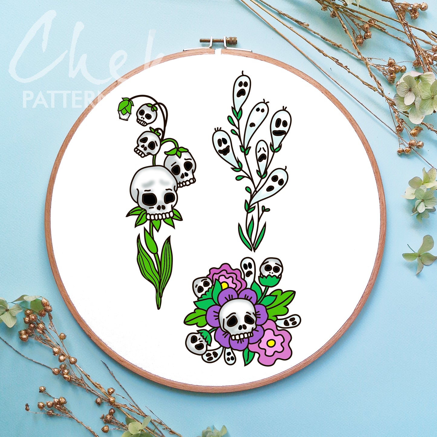 Skull flower collection, hand embroidery patterns. Skull floral designs, Spooky Season Theme. Trick or Treat embroidery. Beginner embroidery