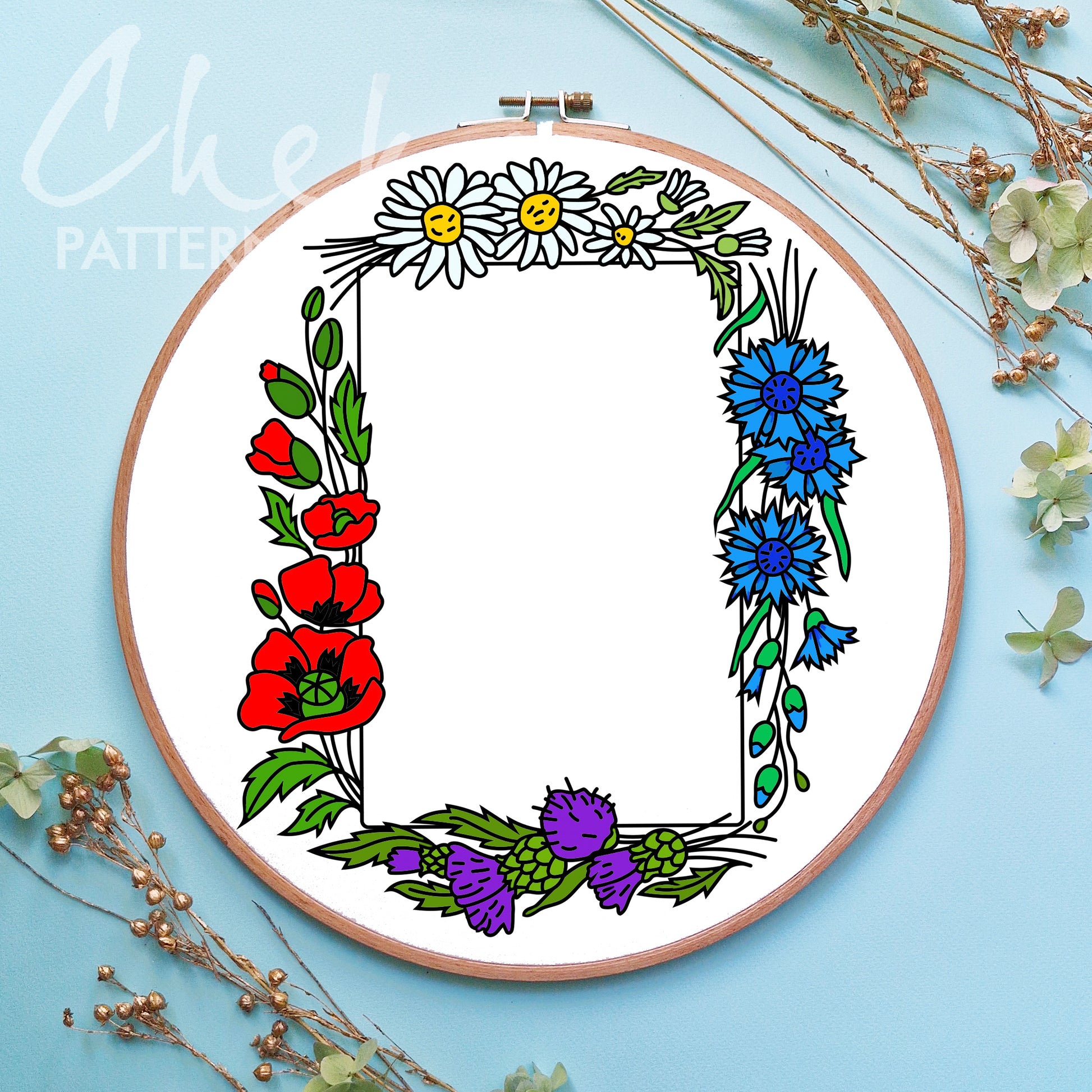 Photo frame pattern, hand embroidery pattern with summer flowers, handmade photo frame, digital embroidery pattern PDF. Nature Embroidery
