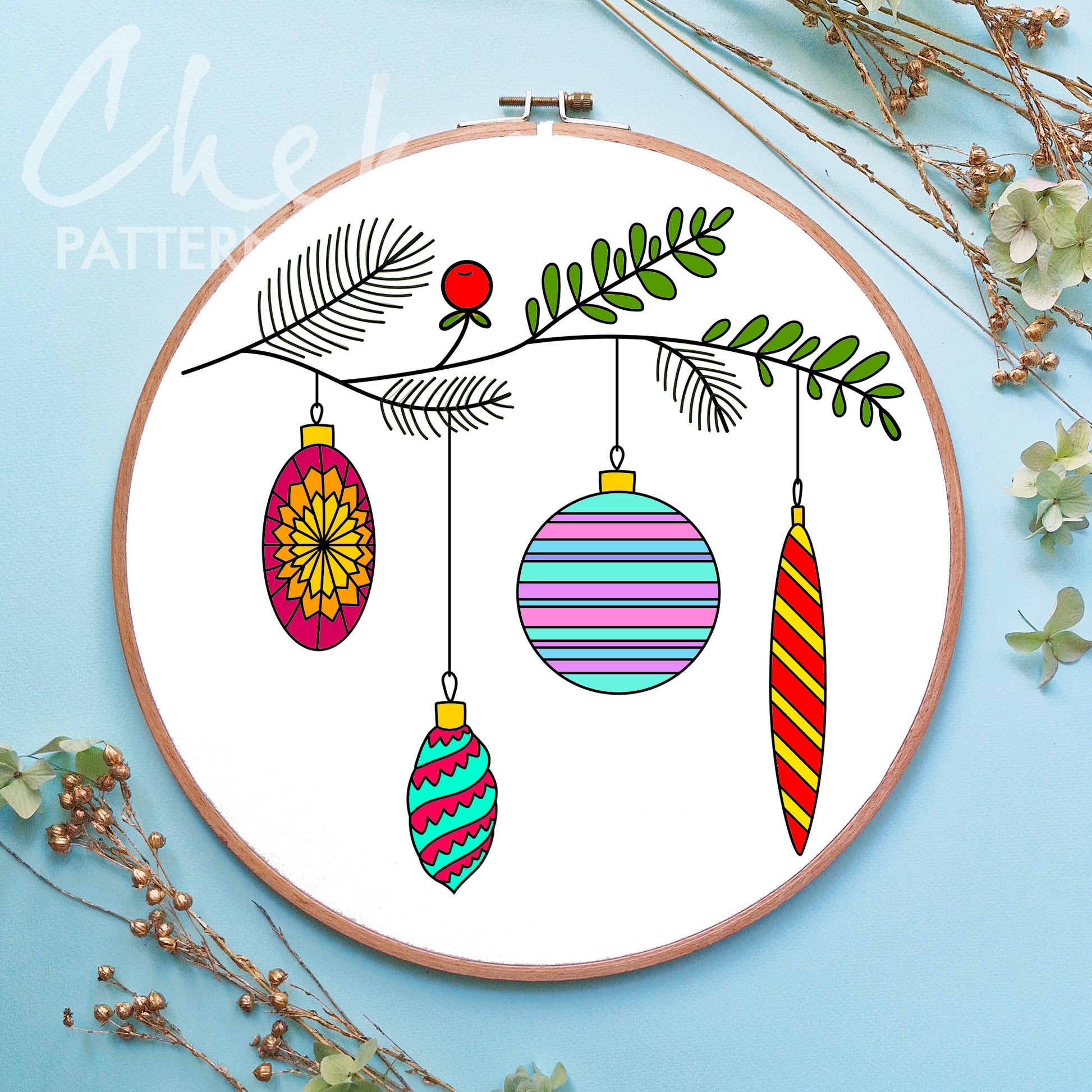 Christmas tree decoration,  festive balls. Christmas hand embroidery pattern, winter embroidery ornament PDF, Christmas home decor